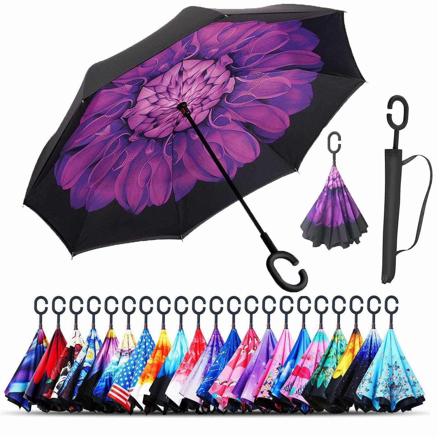 C-Handle Inverted Reverse Umbrella, Flower/City/Unicorn, Inside-out, Upside-down