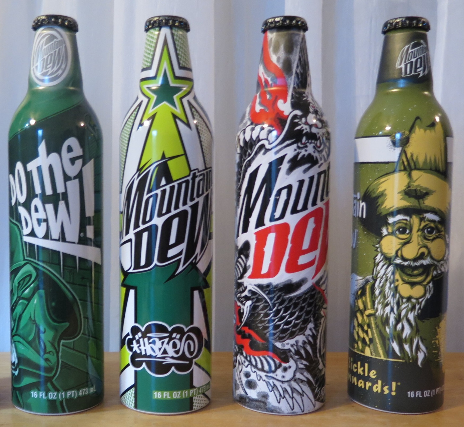 Lot 4 Mountain Dew Green Label Art aluminum Bottles FULL Tickle Your Innards