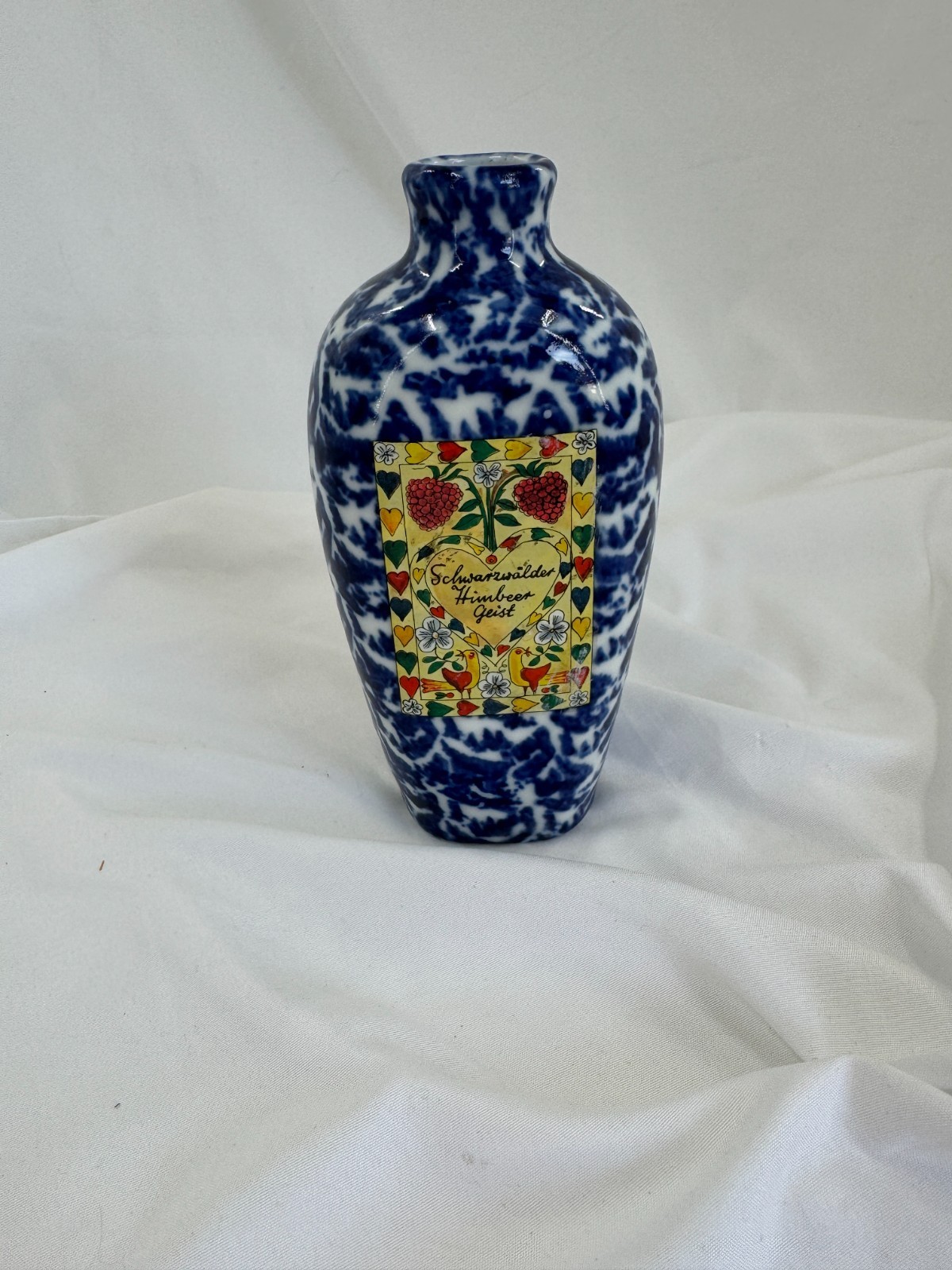 Bavarian Brandy Bottle 6.5" Tall Blue and White with Label Rare