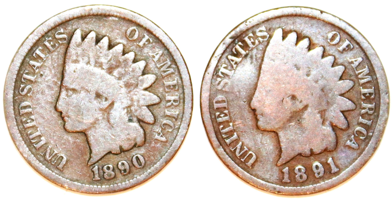 (2) Indian Head Cents - 1890(Good) 1891(VG) - #4746E FREE SHIPPING
