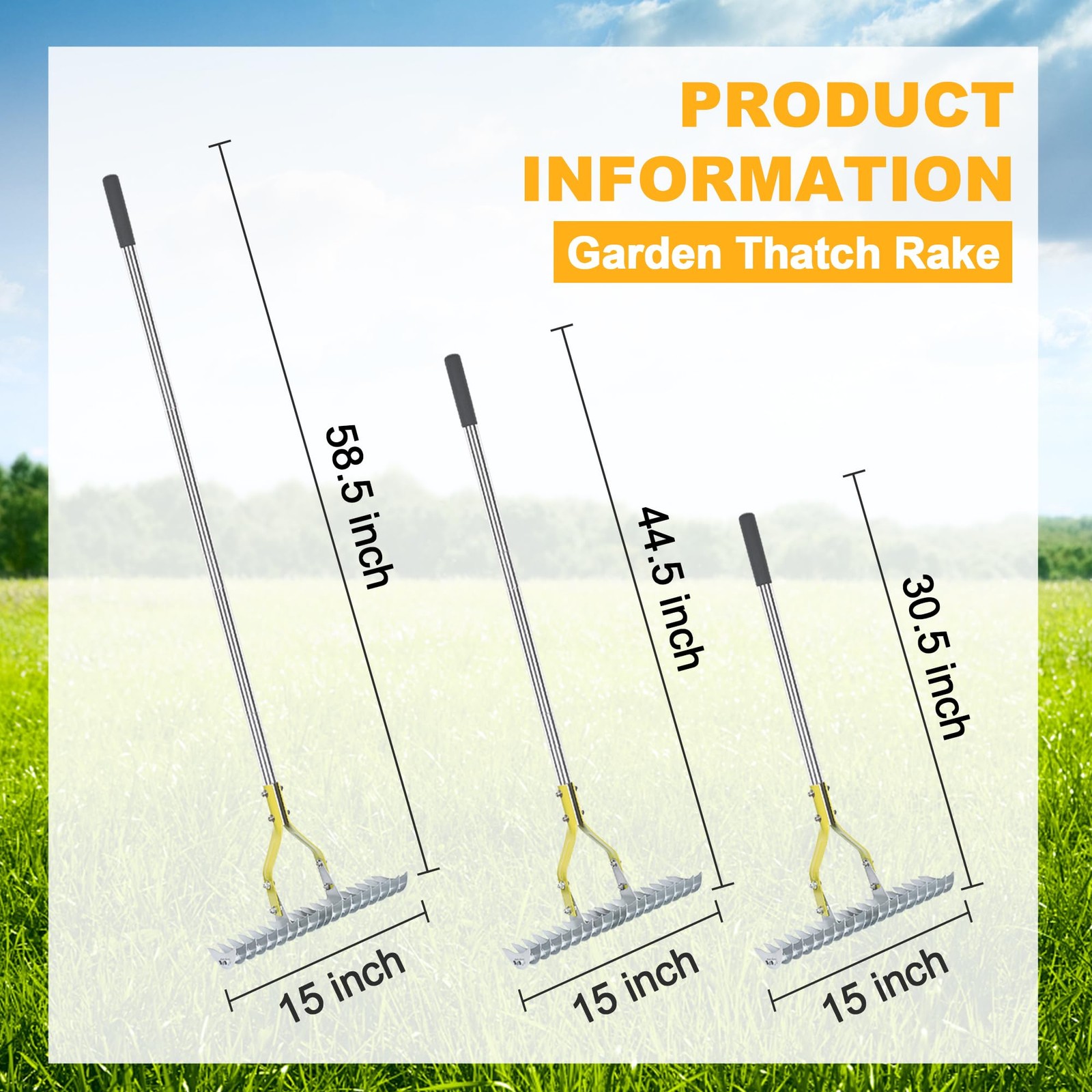 Thatch Rake Dethatcher - 15-Inch Wide Lawn Rake for Dead Grass Removal, Stain...