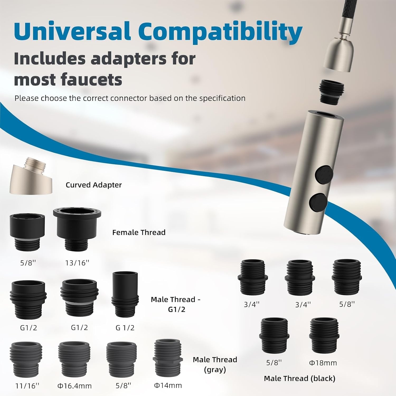 Metal Pull Down Kitchen Faucet Head Replacement with 15 Adapters Brushed Nickel
