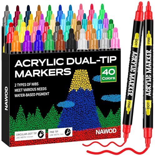40 Colors Dual Tip Acrylic Paint Pens Markers With Fine and Medium Tip for Ro...