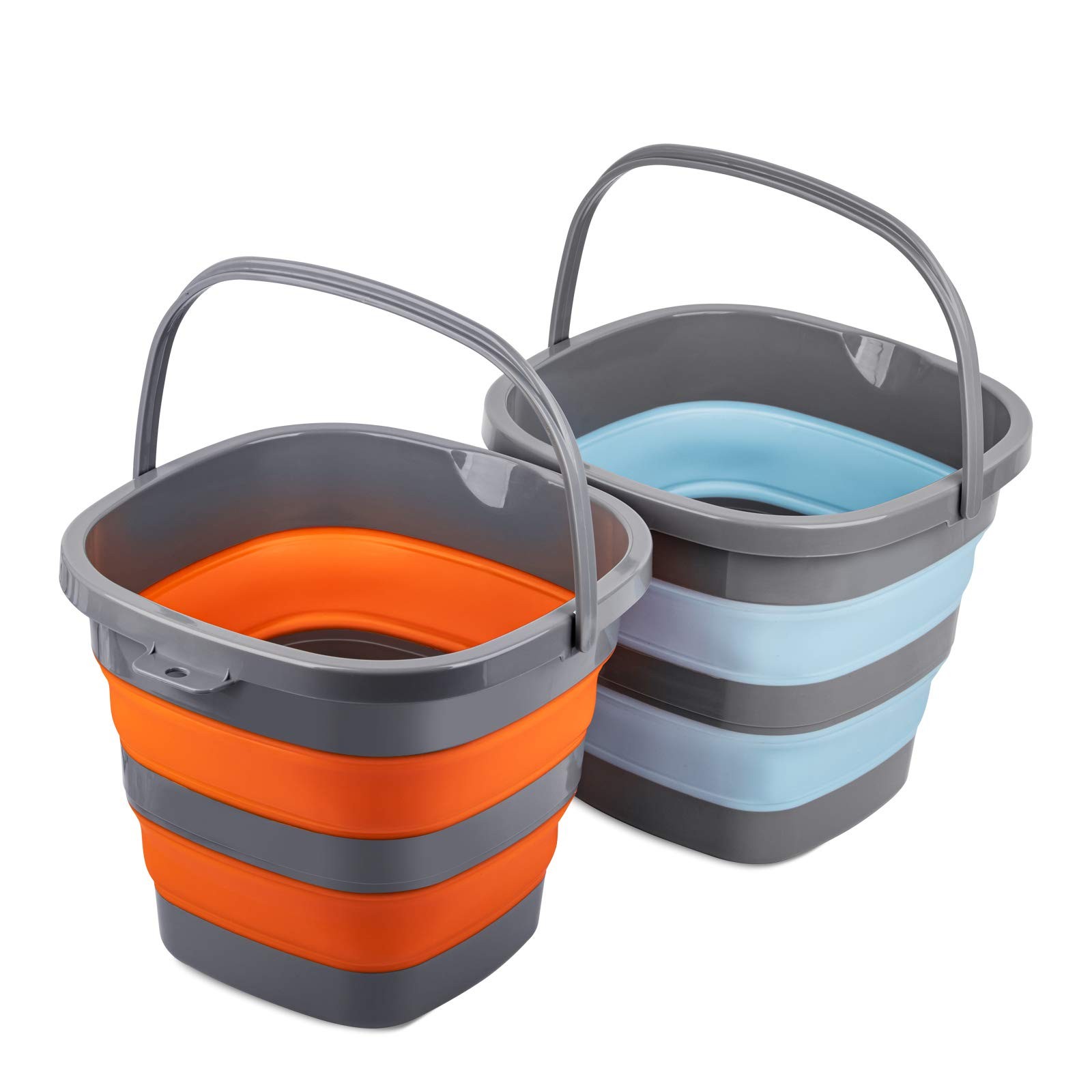 2 Pack Collapsible Plastic Bucket with 2.6 Gal / 10L, Blue & Orange