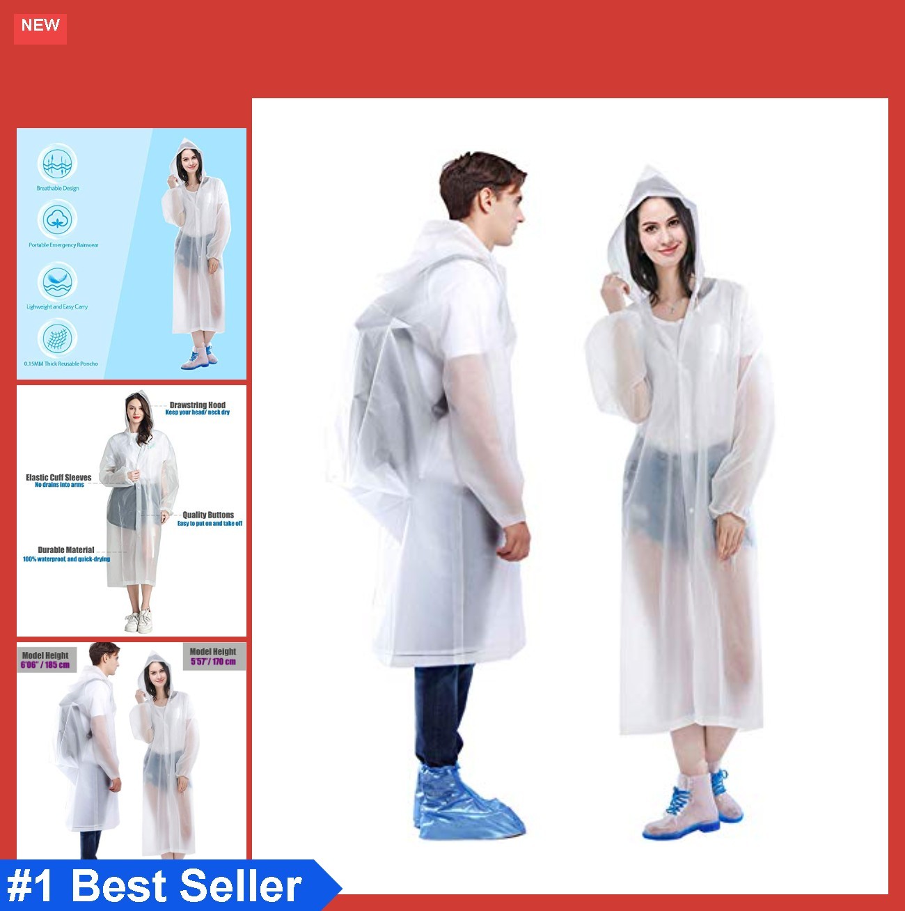 Rain Ponchos for Adults 2 Pack Waterproof Hooded Reusable Lightweight
