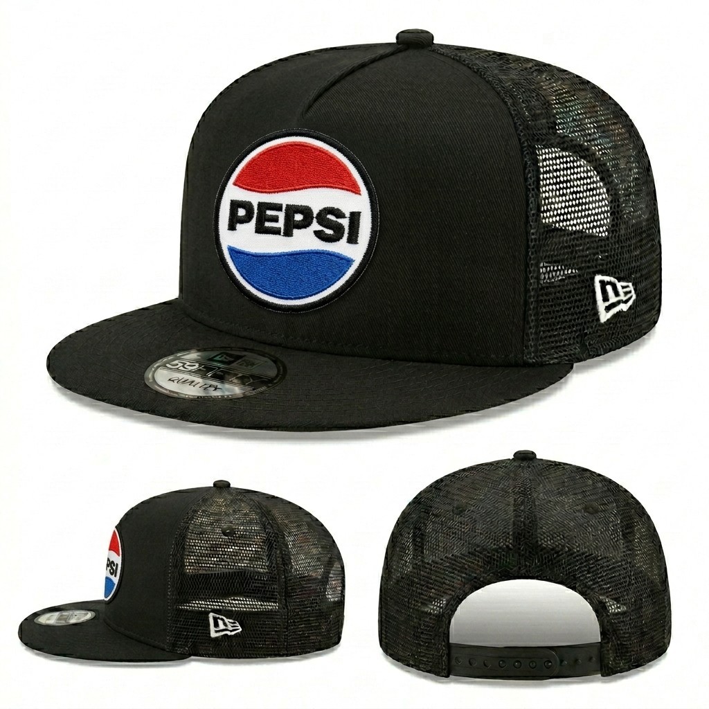 Pepsi Logo Embroidered New Era 59Fifty Black Mesh Trucker Snapback Hat Cap
