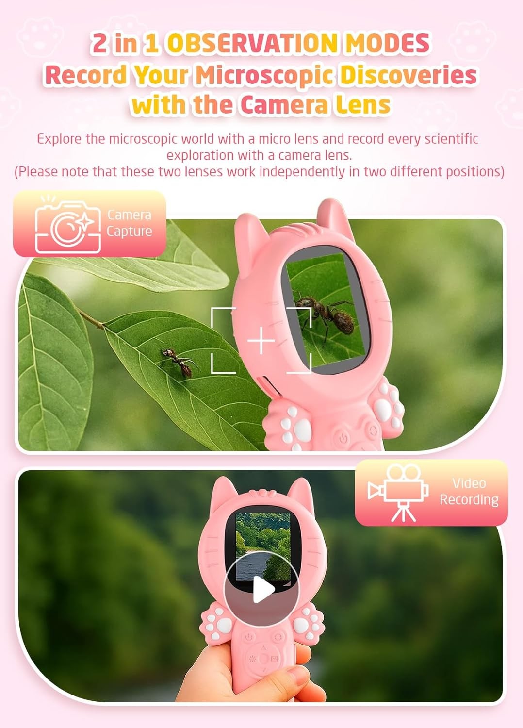 2-in-1 Microscope Camera for Kids, Mini Handheld Microscope Supporting (Pink)