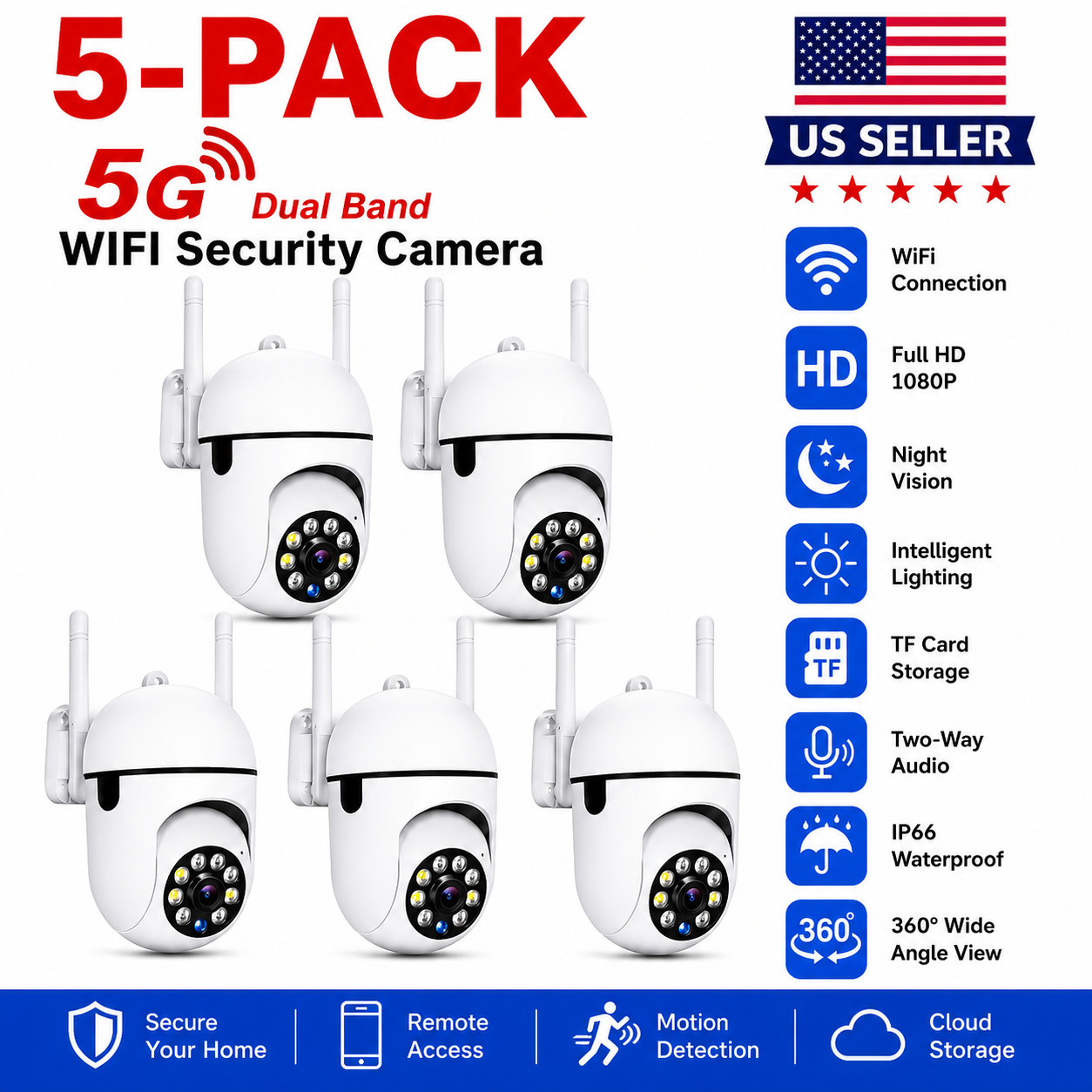 5-Pack Wireless 5G WiFi Smart Security Camera System Outdoor Night Vision 1080P