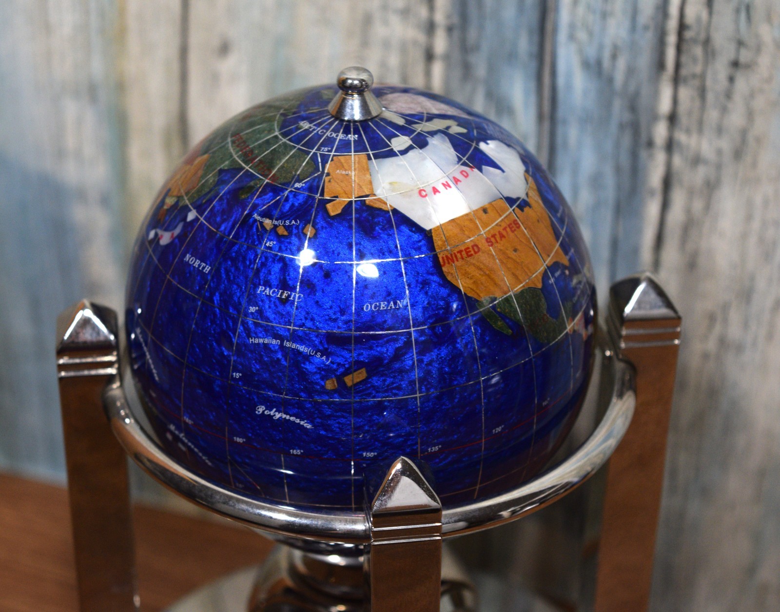 Caribbean Blue Gemstone Rotating Musical Globe With Clock & Thermometer