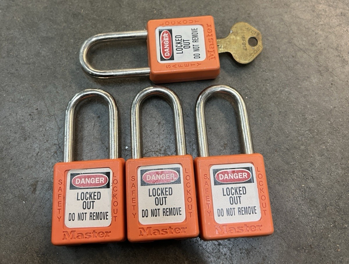(4) Master Lock 410 Orange Safety Lockout Tagout Padlocks LOTO Keyed Alike