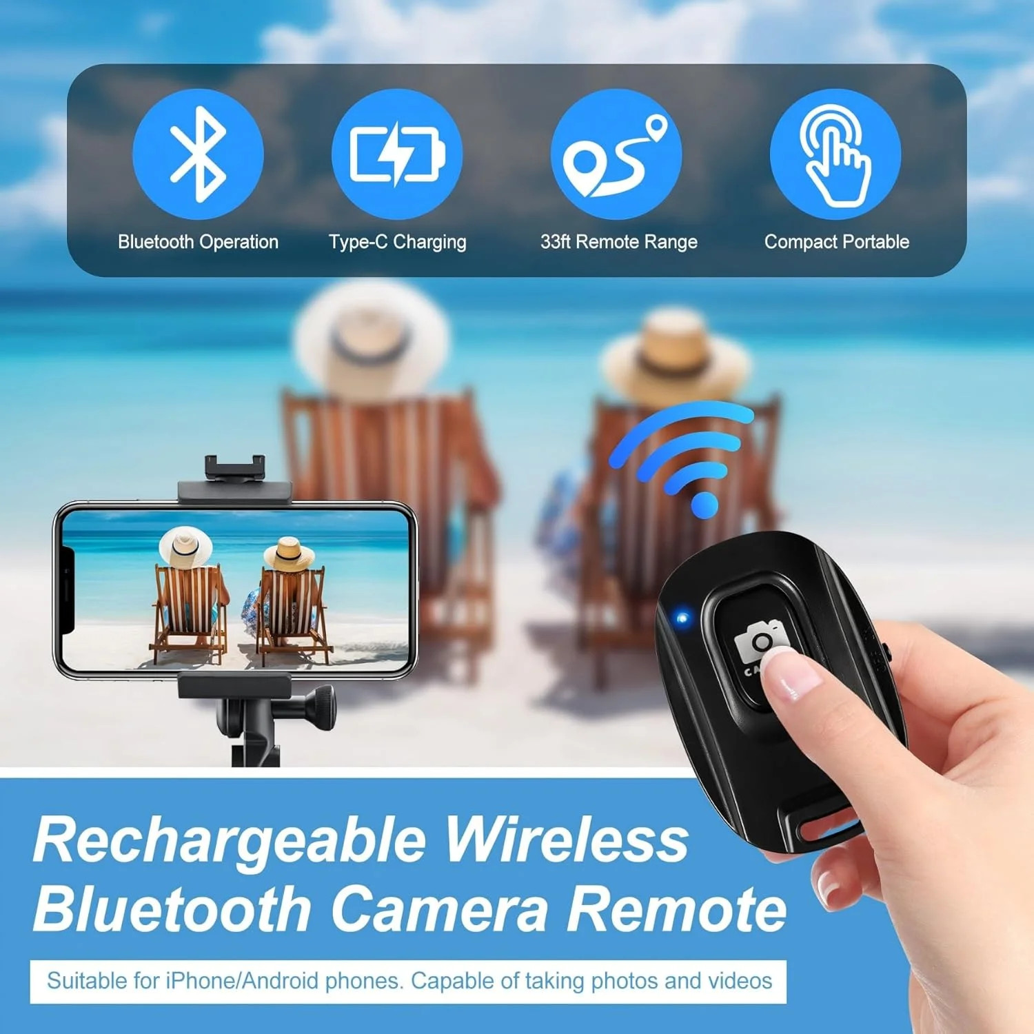 New Bluetooth Camera Remote Shutter for iPhone and Android Smartphones,Rechargea