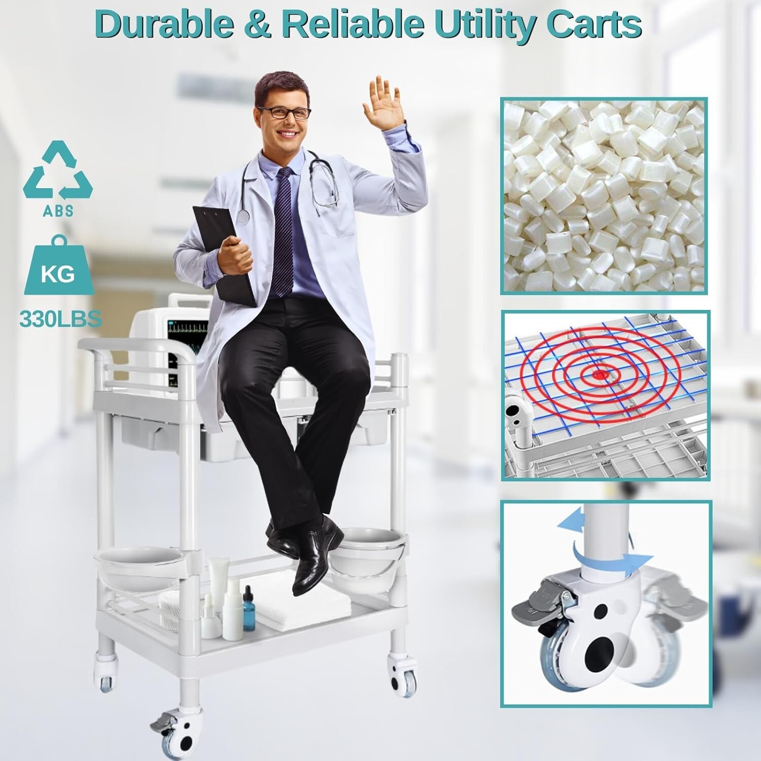 Mobile Trolley Cart with Wheels 2-Shelf Medical Rolling Trolley 330Lbs Max Load