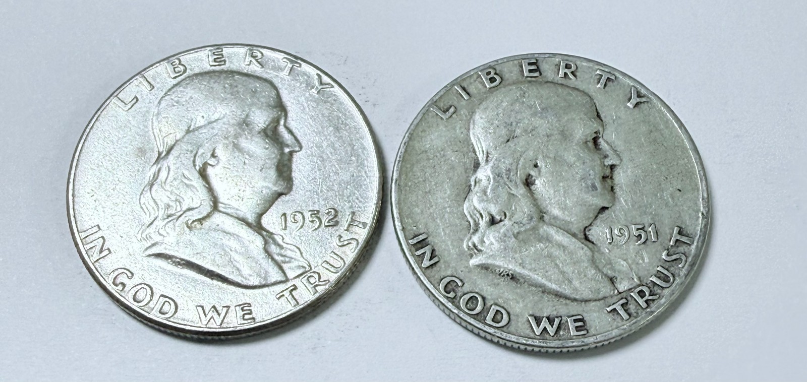 FRANKLIN SILVER HALF DOLLARS LOT OF 2, 90% SILVER CIRCULATED COINS  #10919