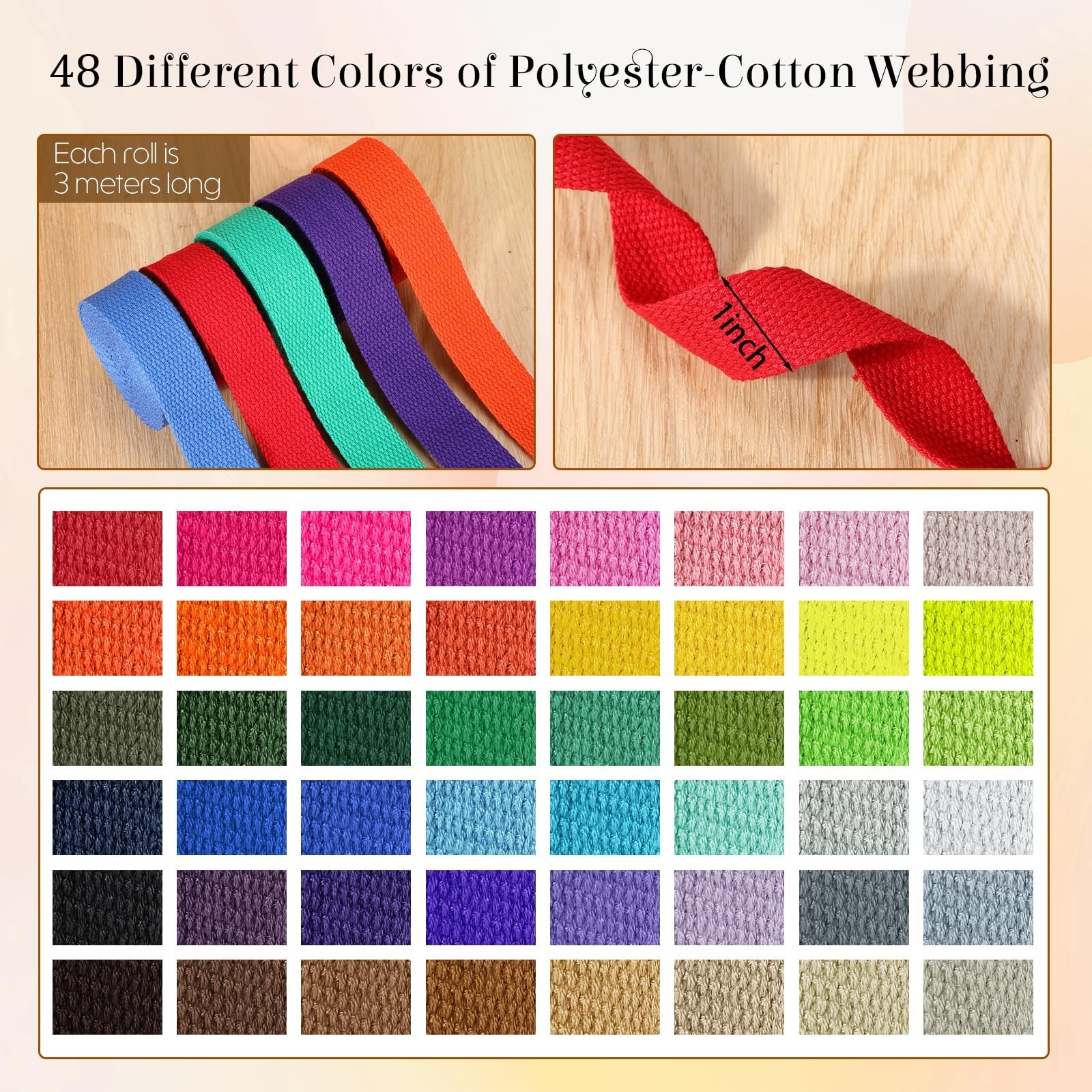Windyun 48 Rolls Heavy Cotton Webbing 157.5 Yard 48 Color Mixed Polyester Cot...