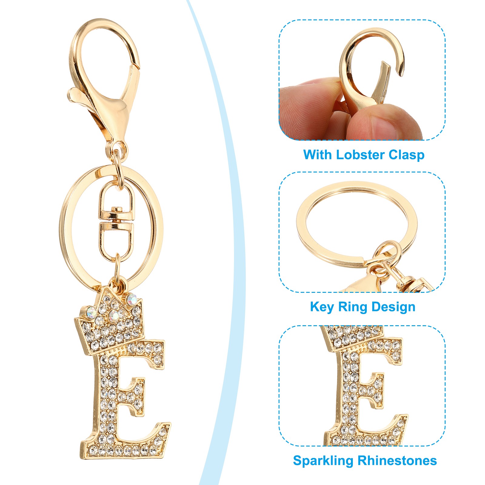 Initial Letter Keychain, 2 Pcs Letter E Crown Design Charm, Gold Tone