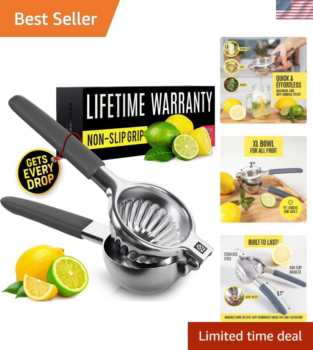 Stainless Steel Lemon & Lime Squeezer - Ergonomic, Seed-Free Juicing