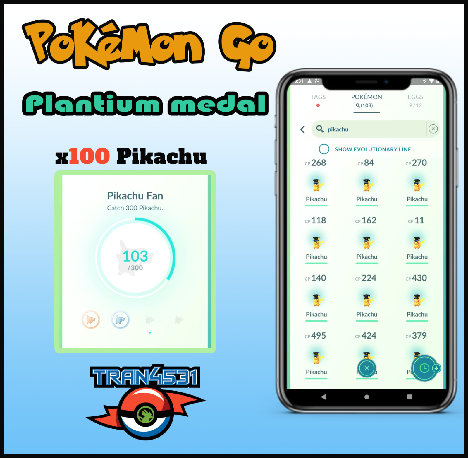 Plantium Medal - Pikachu ×100 For Medal Pikachu Fan - Pokemon Go - Mini P T C