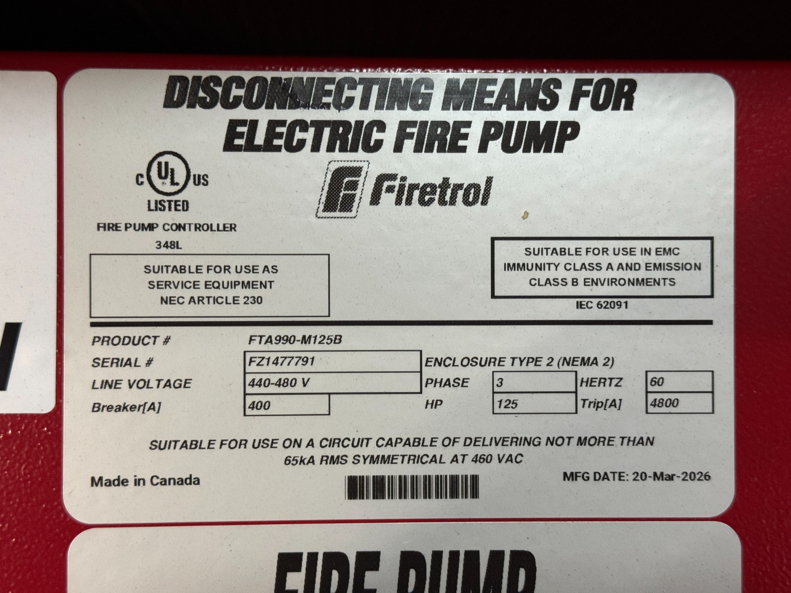firetrol FTA990-M125B Fire Pump Controller Disconnect 125HP 3PH