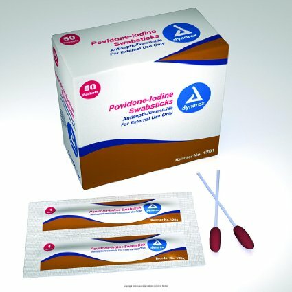 Dynarex Sponge Tip Swabstick, Plastic Shaft, 10% Povidone-Iodine, BX/25 - 8 Pack