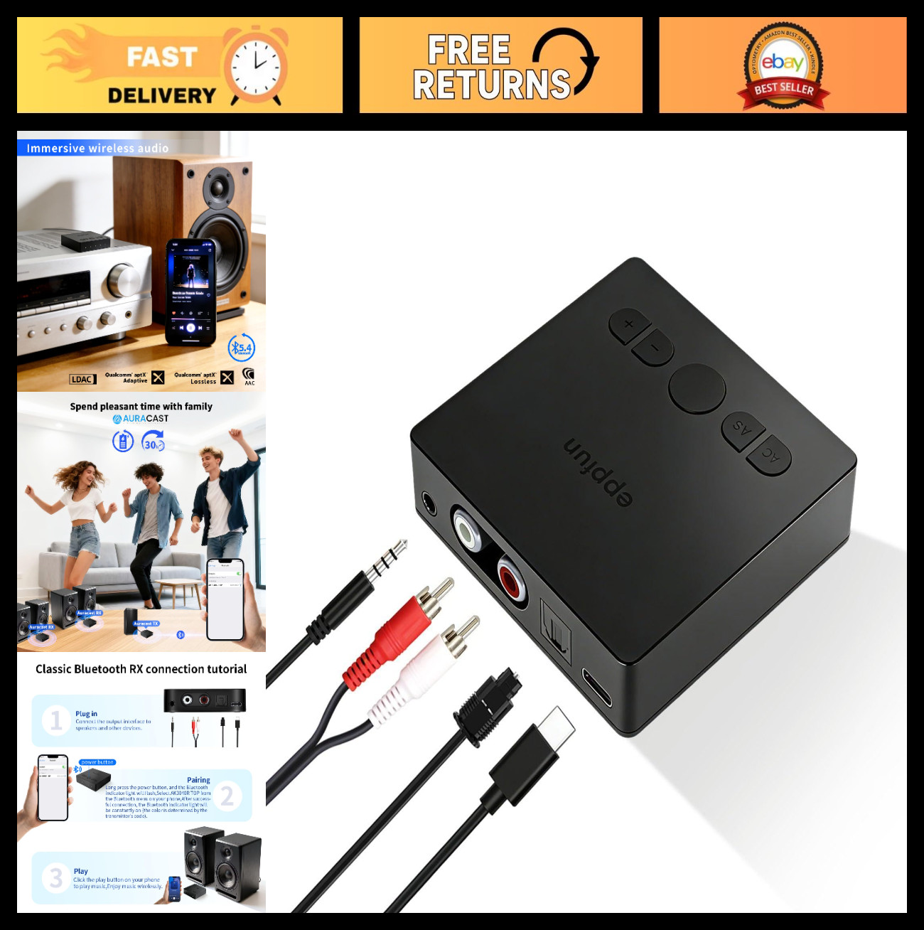 Bluetooth 5.4 Audio Receiver with Auracast, HiFi Qualcomm Chip, LDAC, aptX, Opti