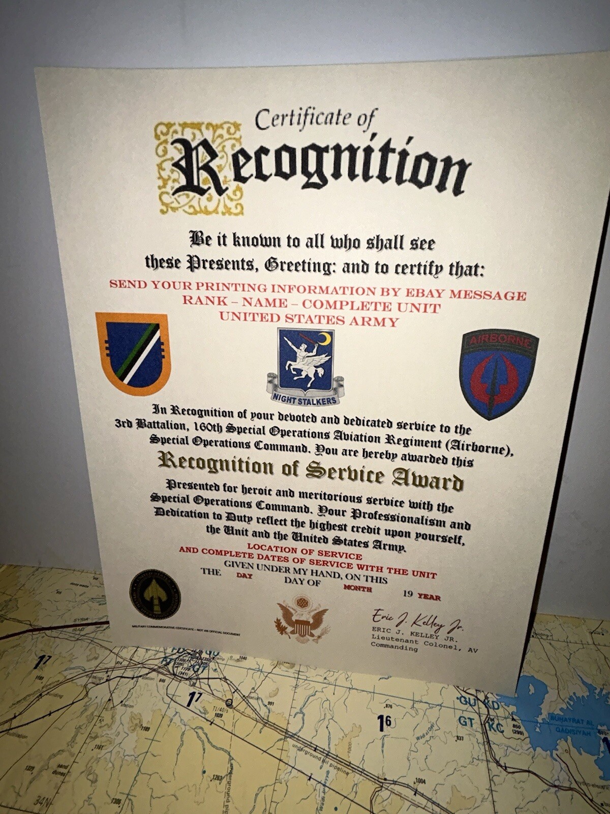 U.S. ARMY - 3RD BN / 160TH S.O.A.R. (AIRBORNE) CERTIFICATE OF APPRECIATION