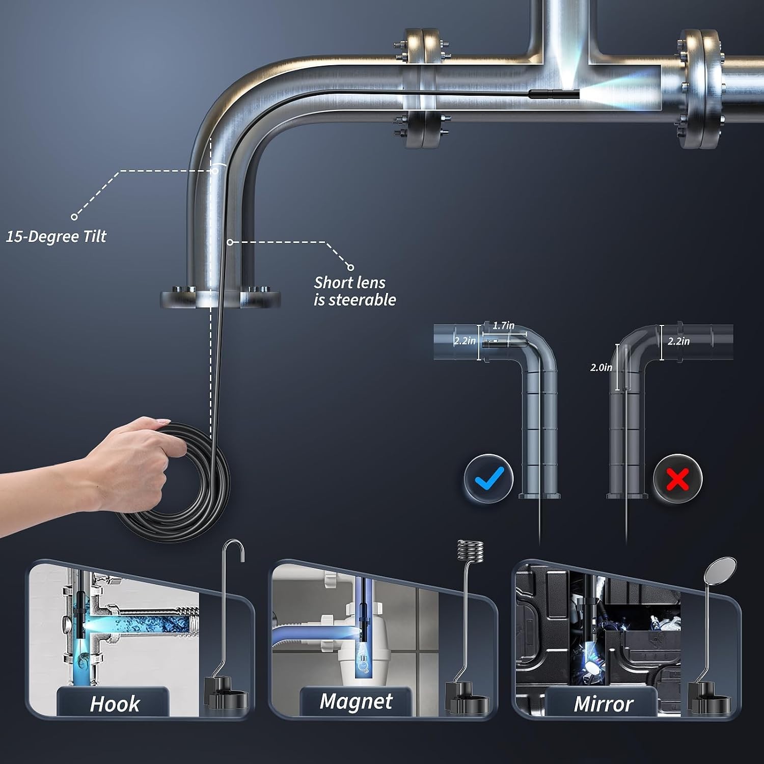 Inspection Borescope Camera with 8 Adjustable Lights