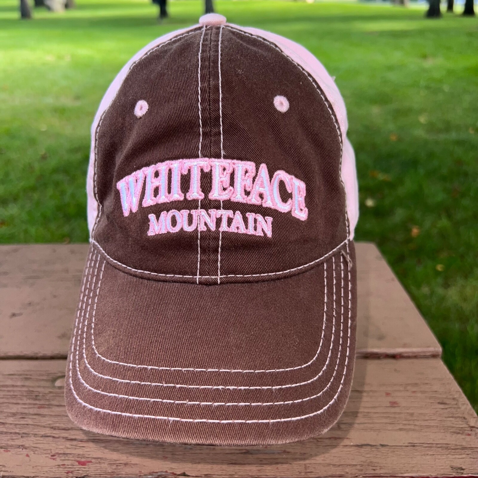 Whiteface Mountain Pink and Brown cotton Hat Cap Hook Loop VGC