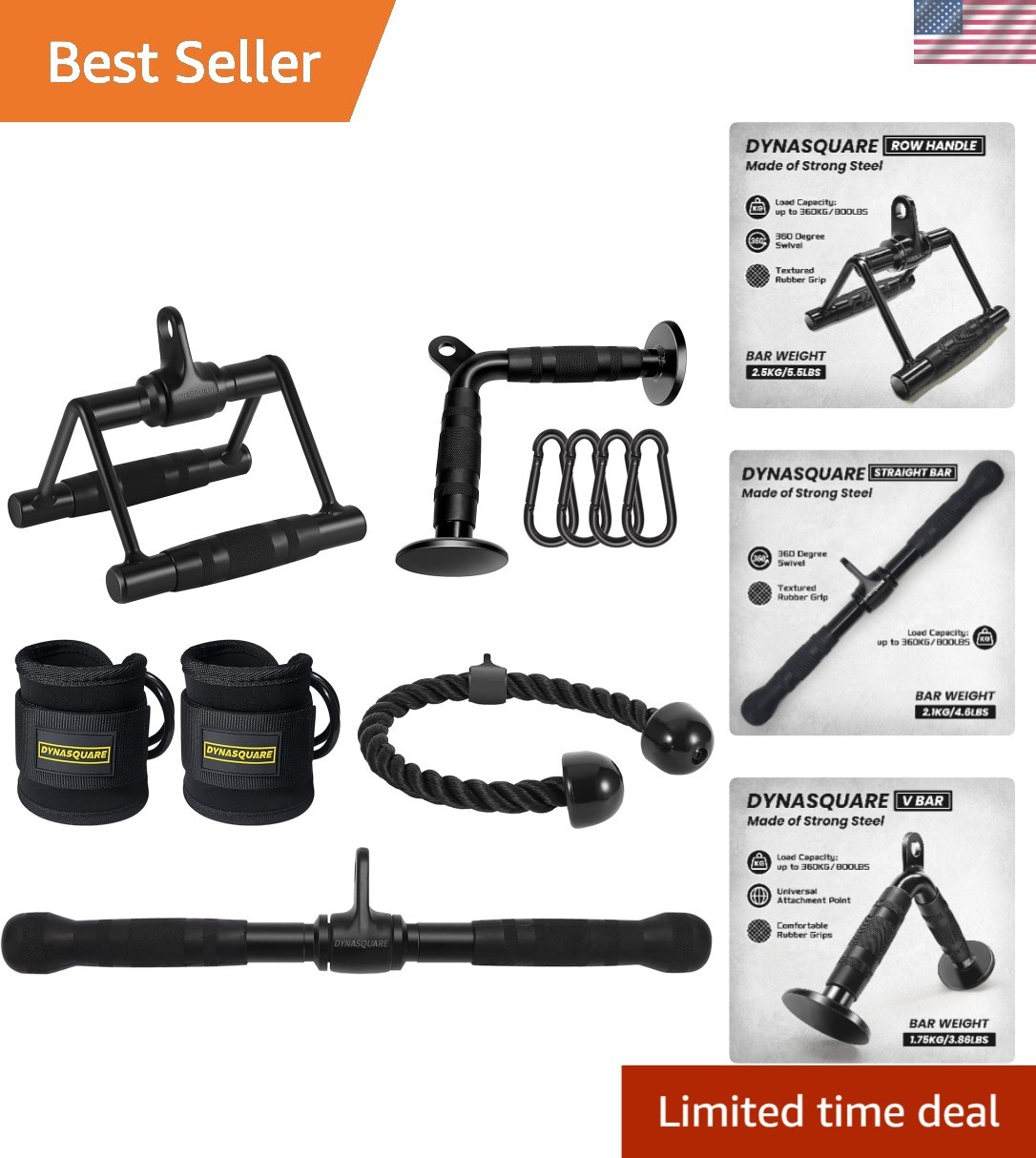 Versatile LAT Pulldown Attachments for Home Gym: Includes Handle, Rope & Straps