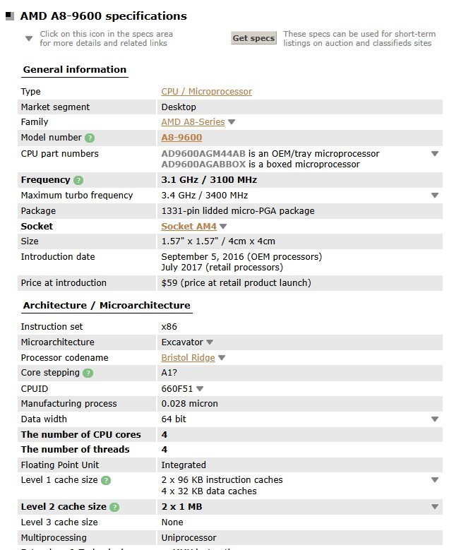 AMD A8-9600 4-Core 3.10GHz AM4 Socket CPU AD9600AGM44AB