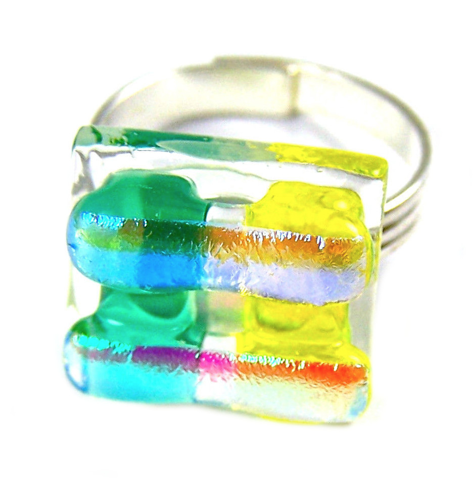 Glass Ring Dichroic Adjustable Yellow Aqua Blue Striped Silver Rock Candy 15mm