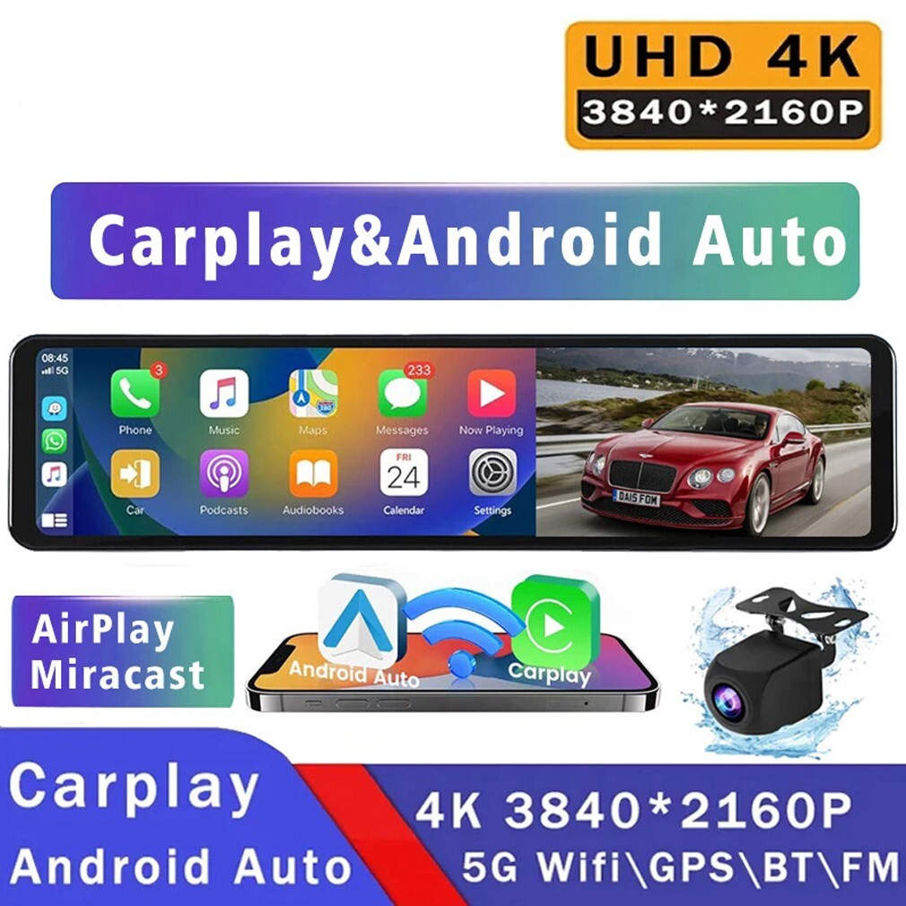 4k Car Dash Cam Wifi Rearview Mirror Carplay Android Auto BT GPS Video Recorder