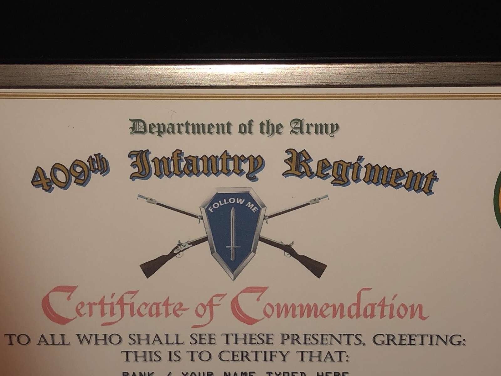 409TH INFANTRY REGIMENT / COMMEMORATIVE - CERTIFICATE OF COMMENDATION