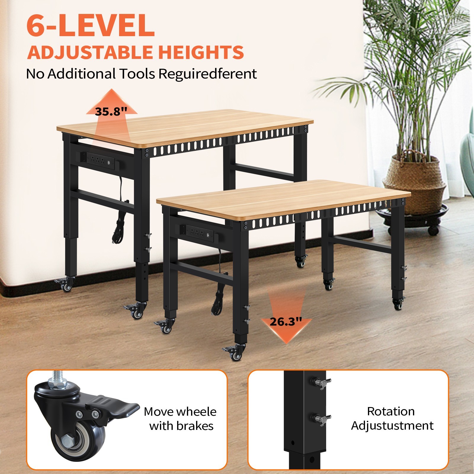 Height Adjustable Workbench 48"x 24" Large Capacity Heavy-Duty Power Outlets