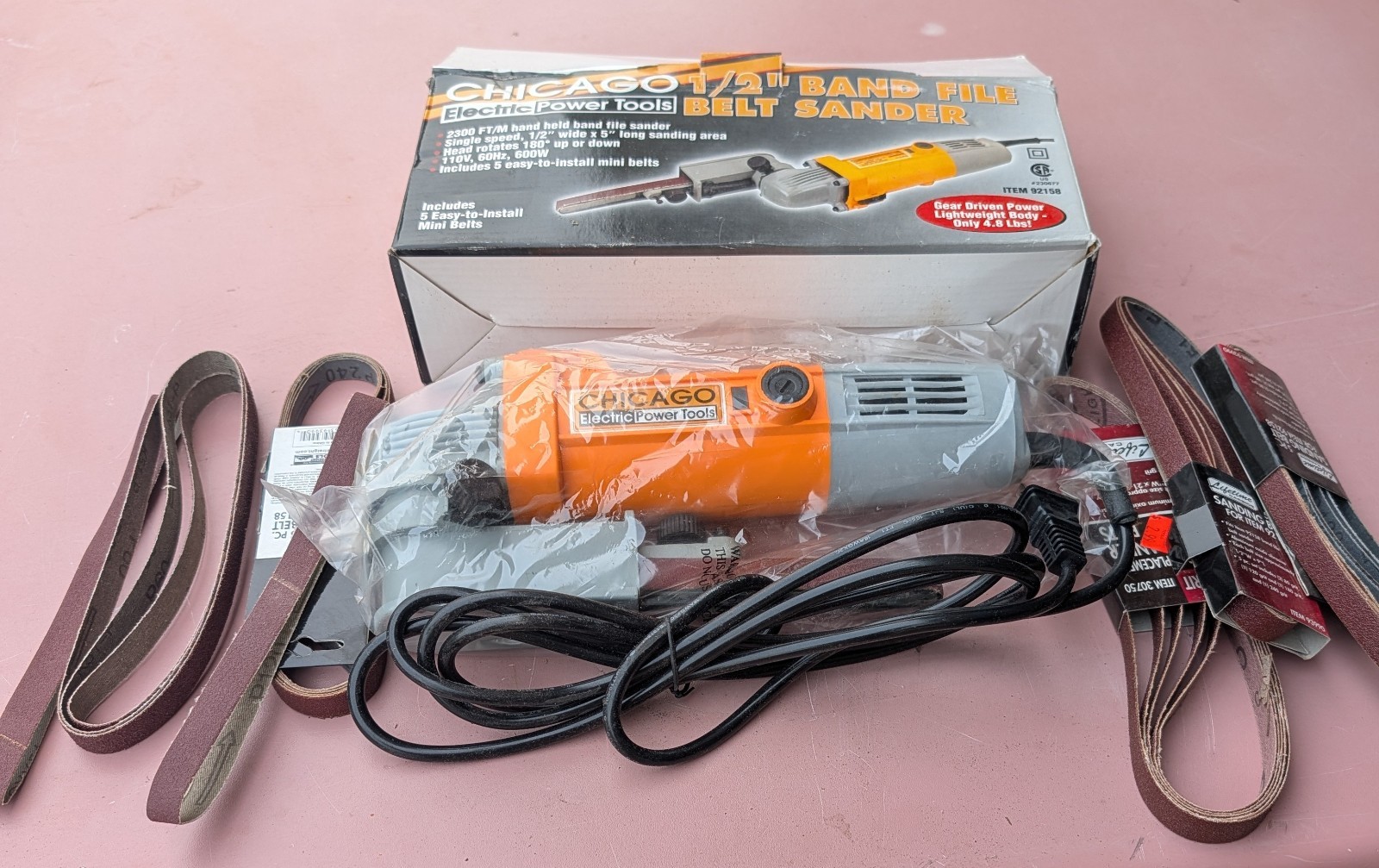 Chicago 1/2" File Belt Sander W/Original Instructions And Box & Additional Belts