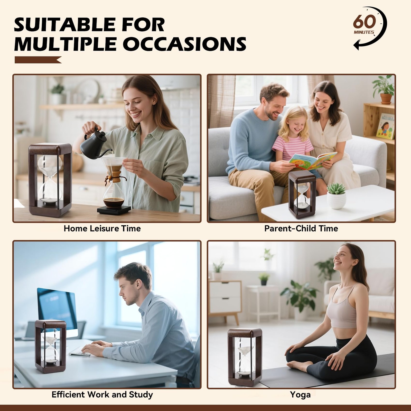 Hourglass Timer 60 Minute Large 4.5x4.5x9 Walnut - Elegant Home Decor for Office