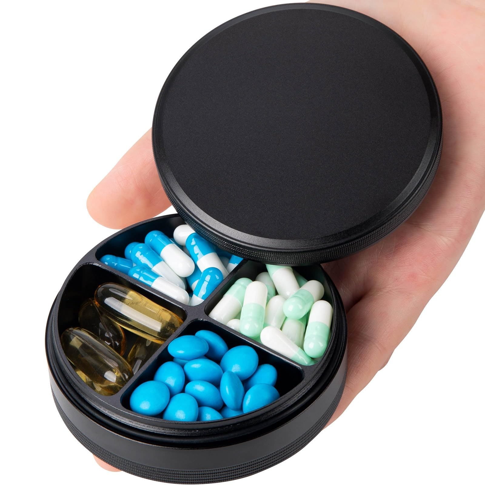 Portable Pill Organizer 4 Compartments - Metal Daily Travel Pill Case Waterpr...
