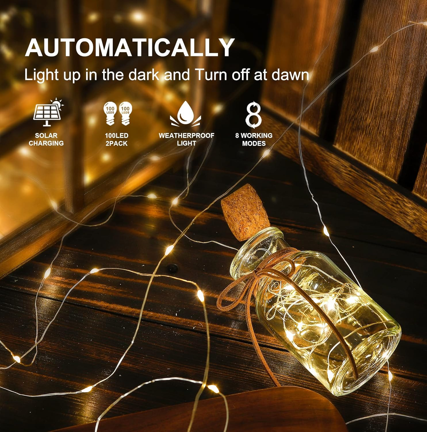 2 Pack Total 66 FT 200 LED Solar Copper String Lights,Warm White | 8 Modes Solar