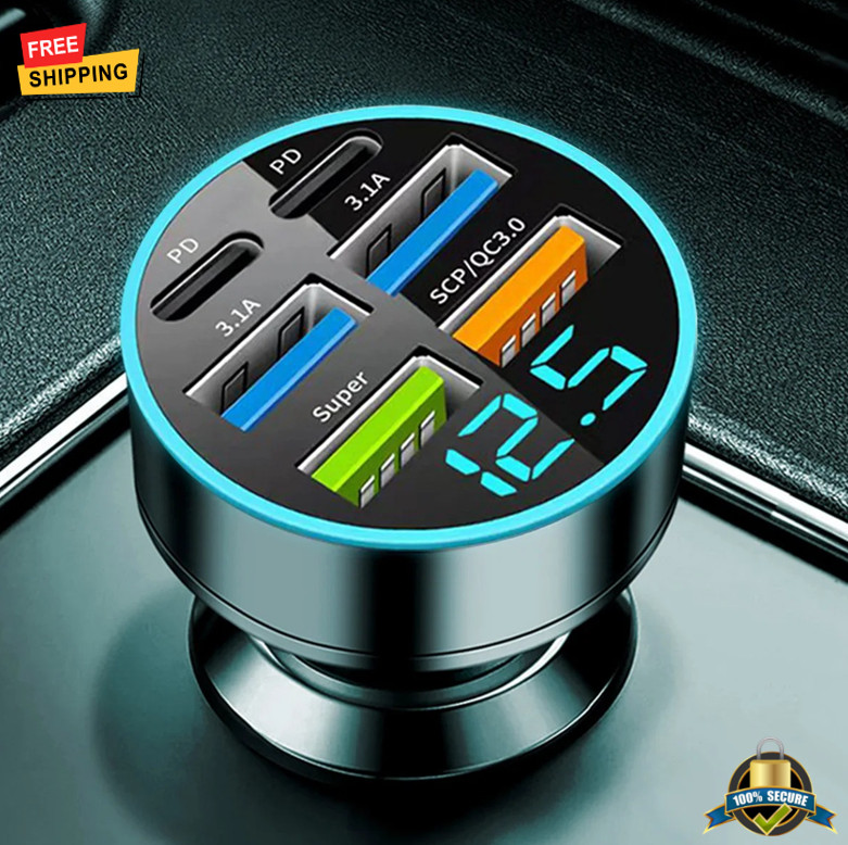 1 pc USB Type-C Car Charger 6 Ports Fast Charging Adapter with Digital Display