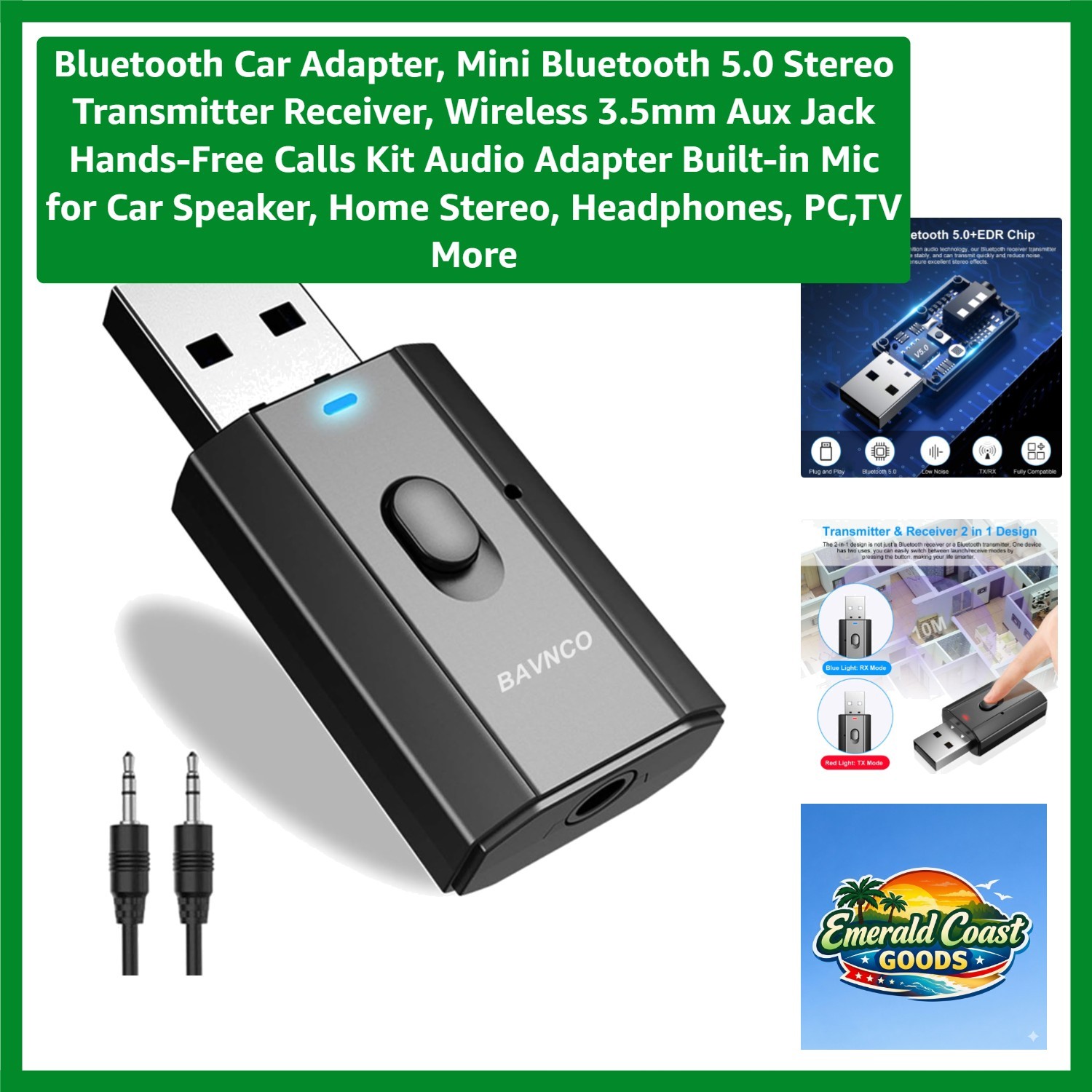 Bluetooth Car Adapter, Mini Bluetooth 5.0 Stereo Transmitter Receiver, Wirele...