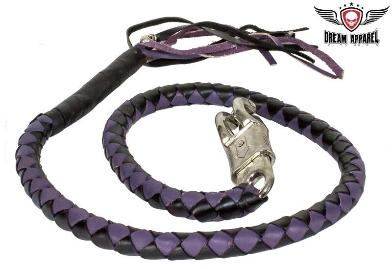 42 Inches Long Black And Purple Fringed Hand-Braided Leather Biker Get Back Whip
