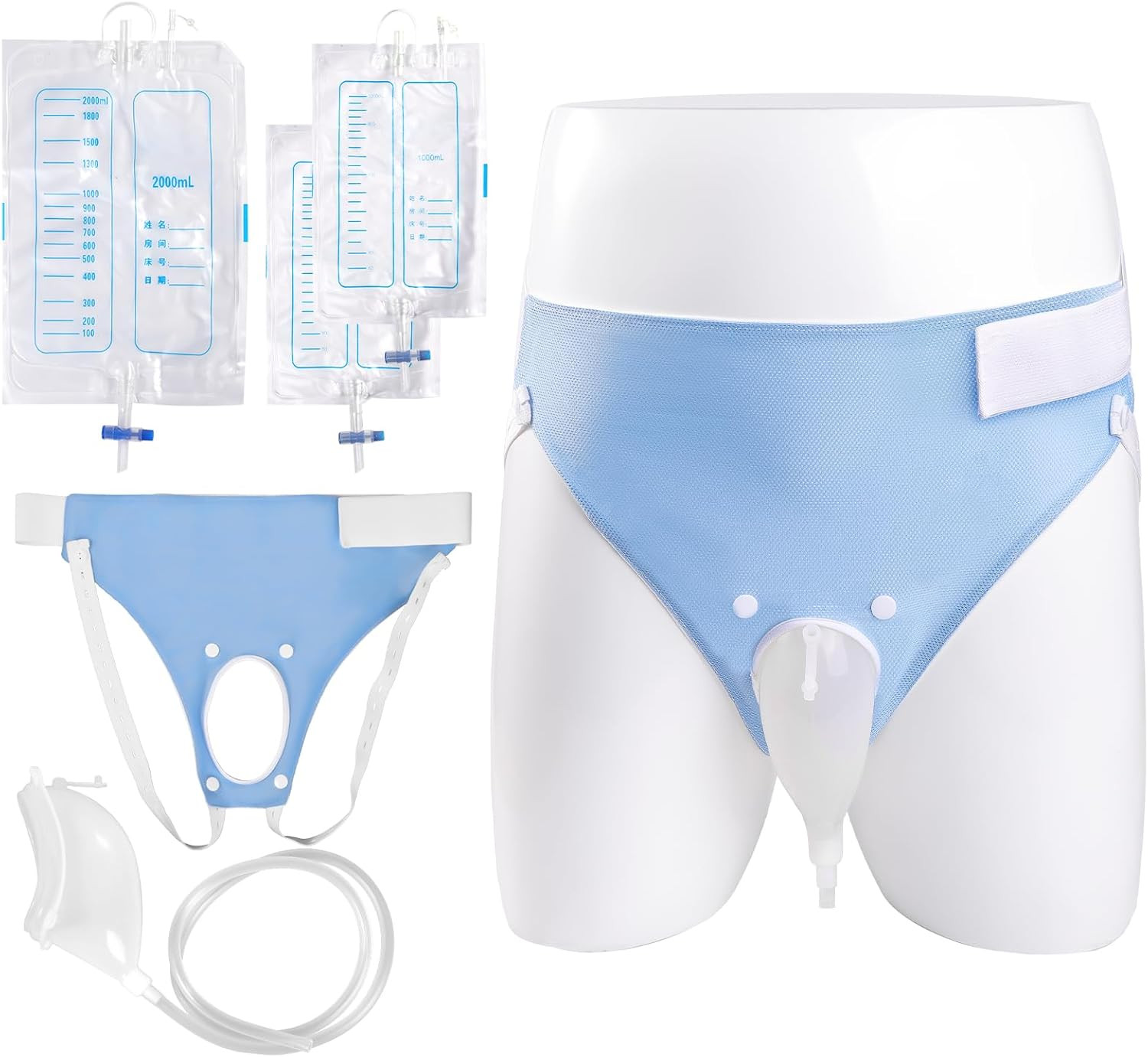 Urine Collection Bag for Men,Reusable Wearable Drainage Bag 2000ml+1000ml*2-blue