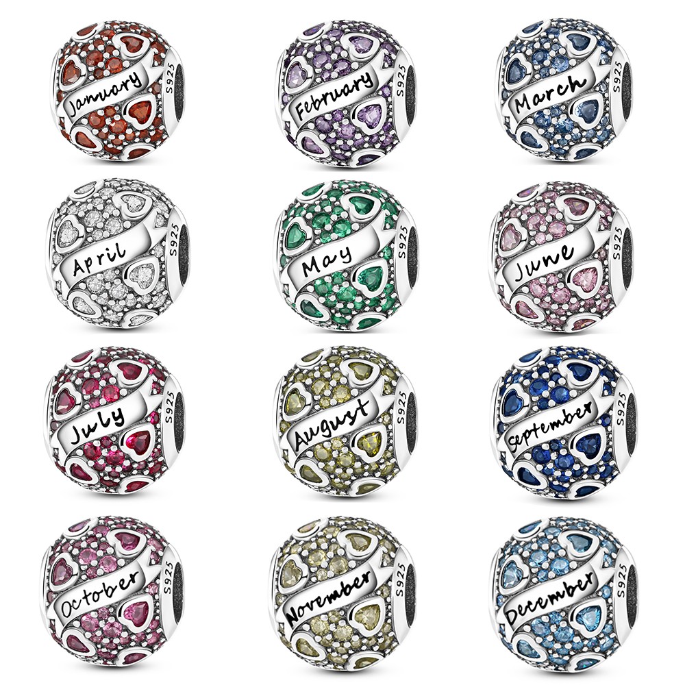 European 925 Sterling Silver Charm AAA CZ 12 Birthstone Bead For Women Bracelets