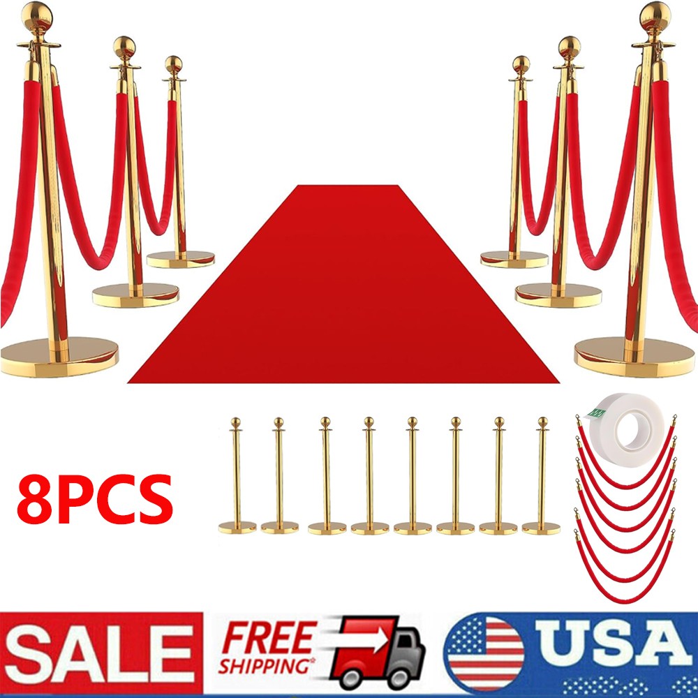 8PCS Gold Stanchion Set with Red Carpet & 6 Velvet Ropes, Hollow Base Control