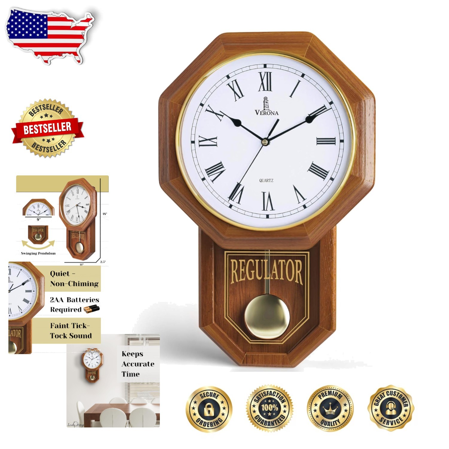 Classic Wood Wall Clock - Silent Quartz Movement, 18" Vintage Regulator Design