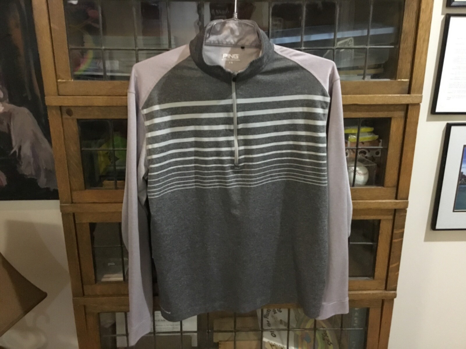 PING Golf 1/4 Zip L/S Lightweight Gray Striped Performance Pullover SZ L - Cool
