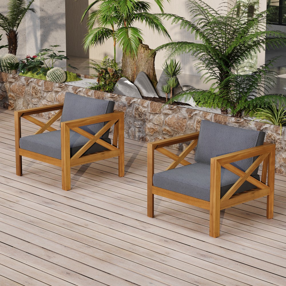 Acacia Wood Club Chair Set of 2 with Cushions, Outdoor Patio Furniture
