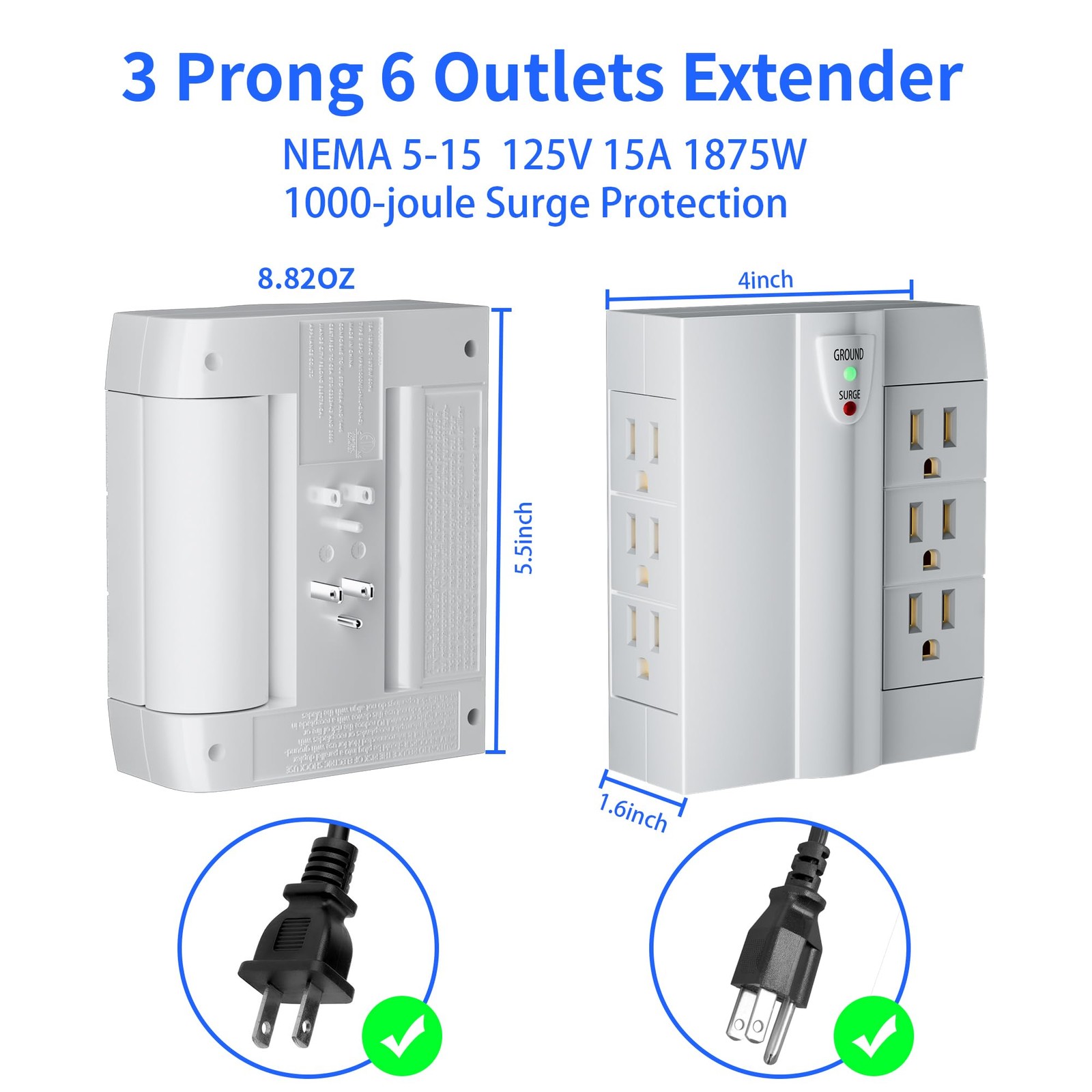 6 Outlet Extender Surge Protector Side Access Swivel Wall Tap Adapter White