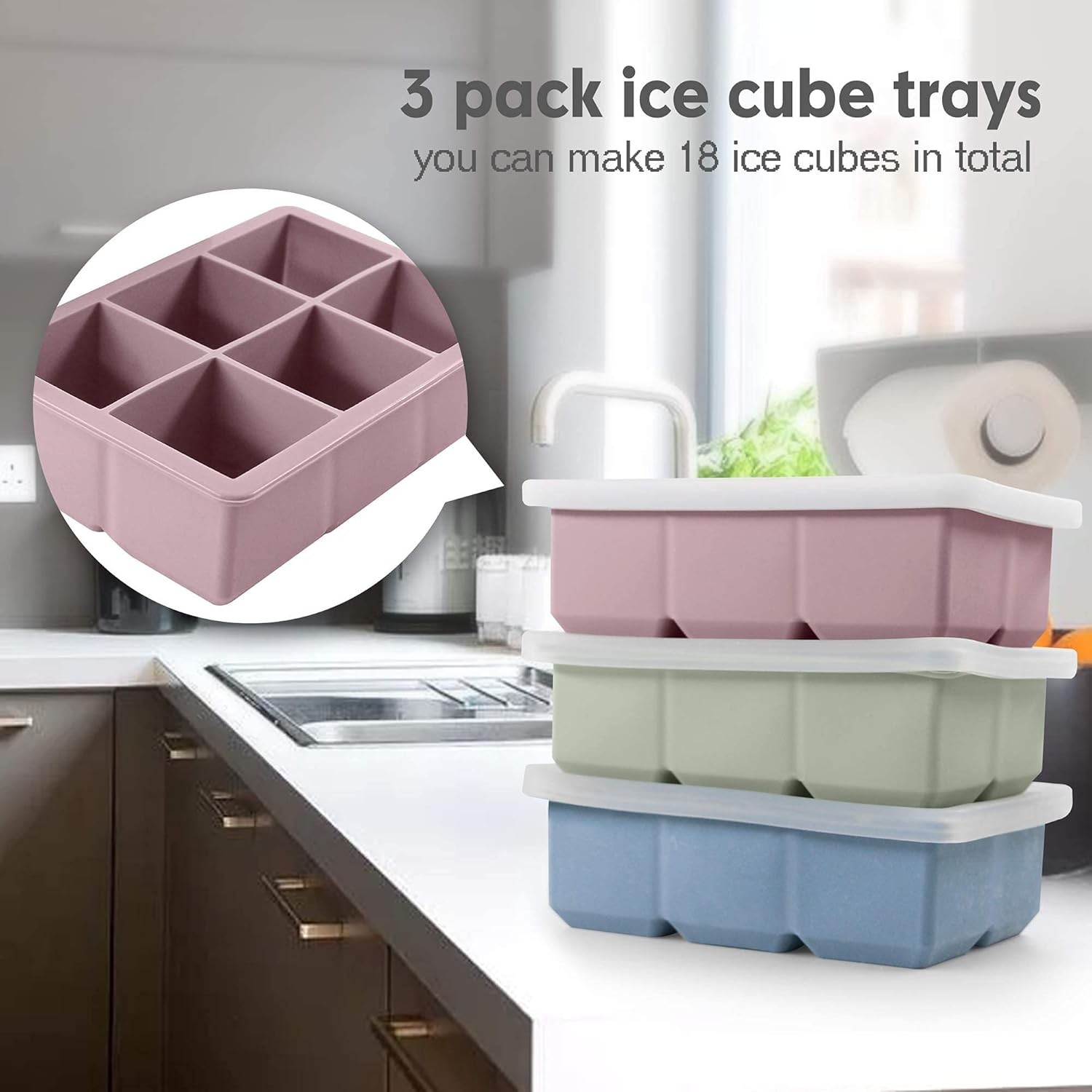 Silicone Ice Cube Trays 3 Pack - Large Size Silicone Ice Cube Molds with Leak Pr