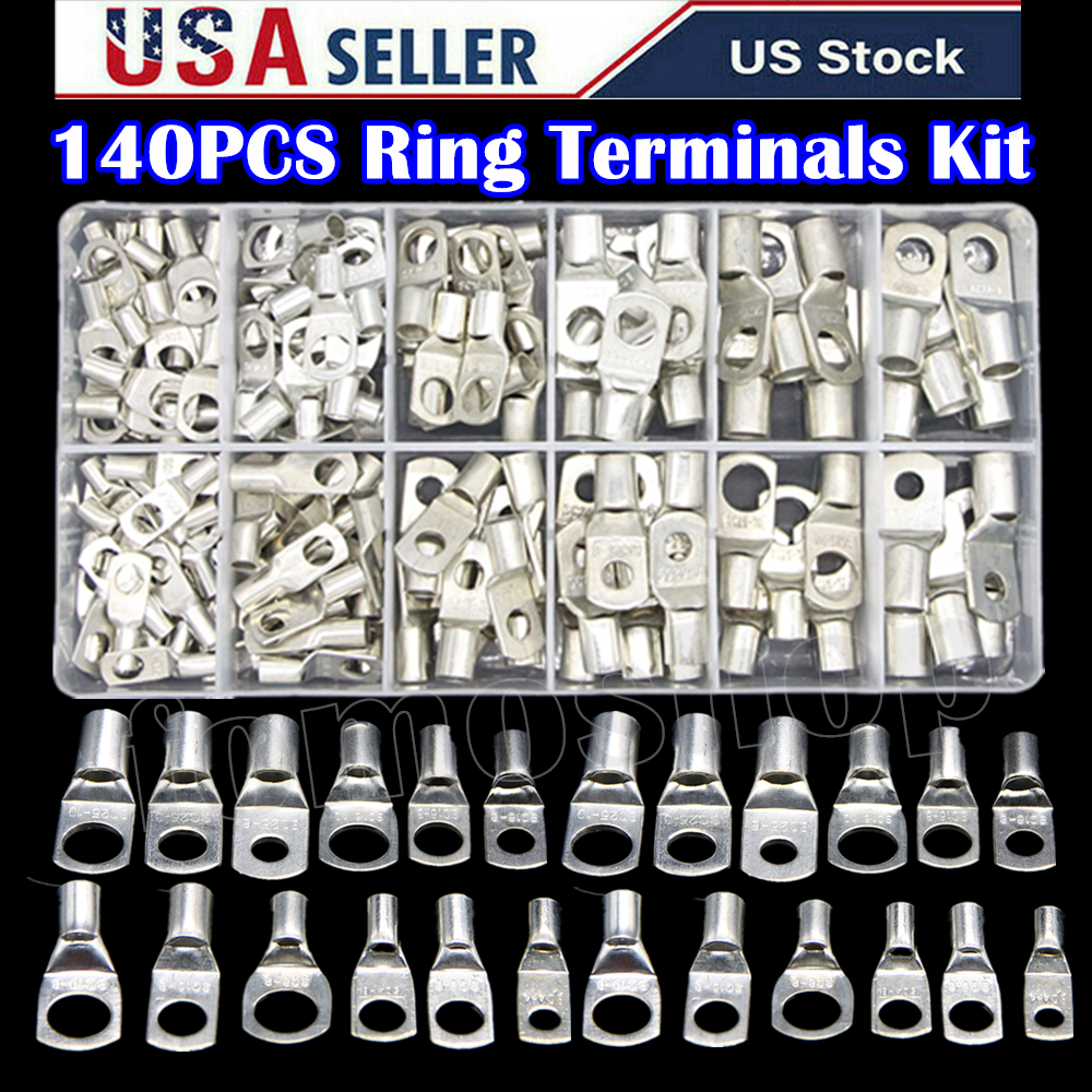 140x Copper Battery Cable End Eyelet Ring Lug Terminal Wire Connector Crimp Kit