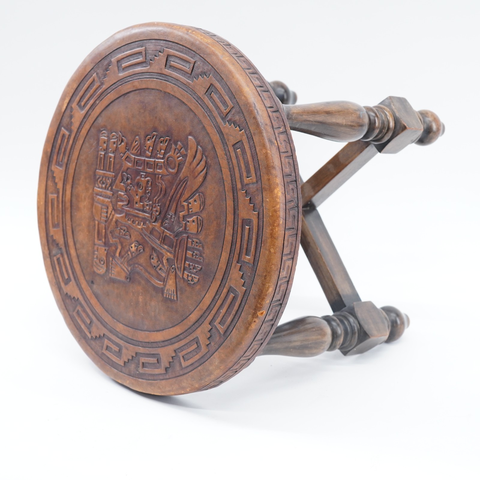 Hand Tooled Leather Top Wooden Stool Ottoman Ethnic Peru Mayan Aztec Warrior
